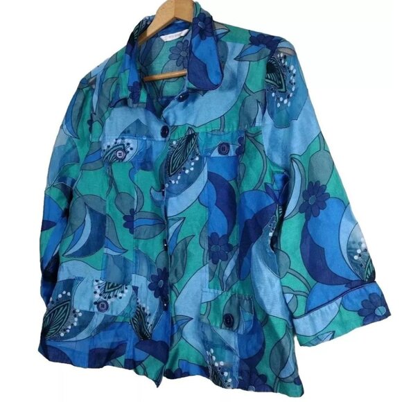 Erin London Floral Blazer Jacket Women's Lined Front Button Blue Green Size L - Picture 2 of 11